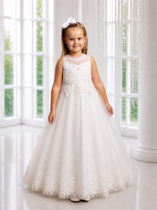 Lille - Flower Girl Dress Ages 2 -12 Years - Ivory,  Tulle, Pearl & Flower Applique