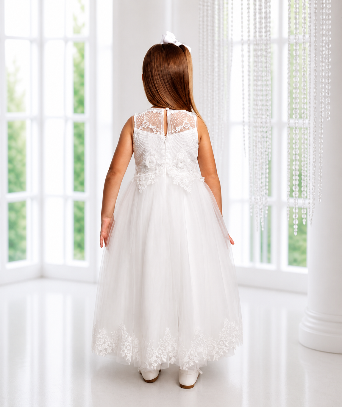 Lille - Flower Girl Dress Ages 2 -12 Years - Ivory,  Tulle, Pearl & Flower Applique