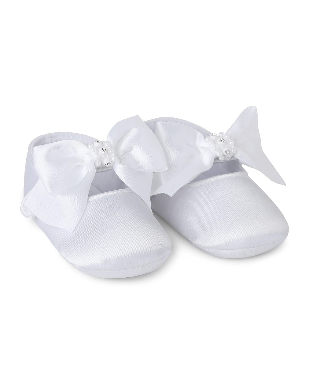 White Satin Christening Shoes with crystal & pearl trim