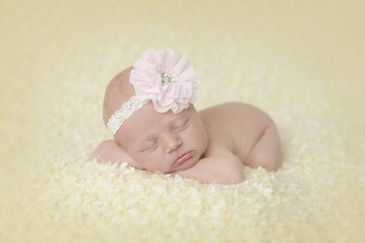 Girls Pink Chiffon Flower with Stones & Pearls on a soft elastic headband