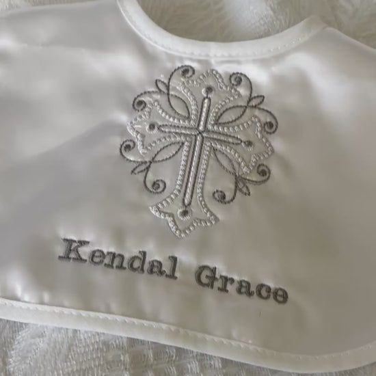 White Satin Christening with embroidered cross and name of your choice