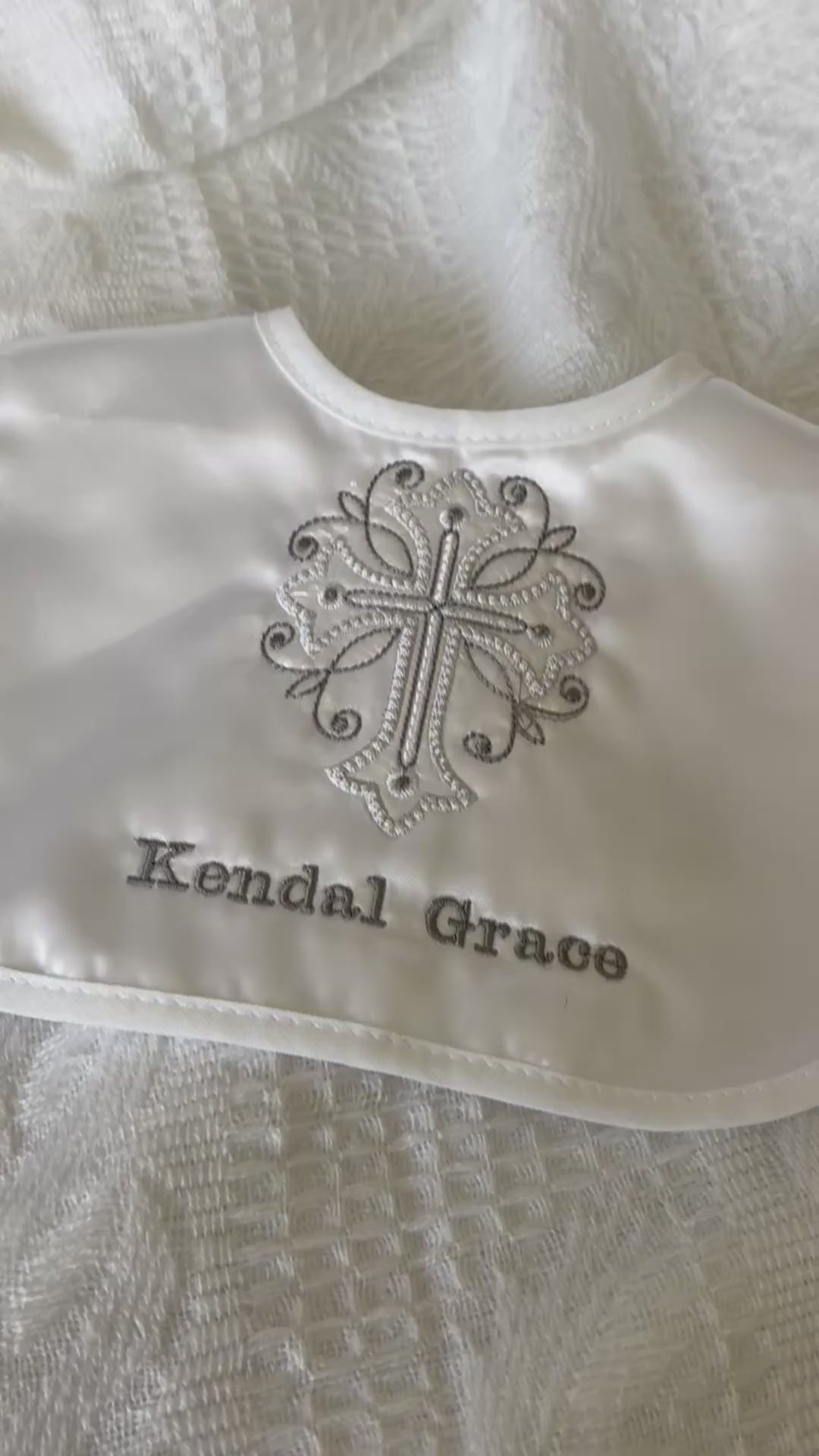 White Satin Christening with embroidered cross and name of your choice