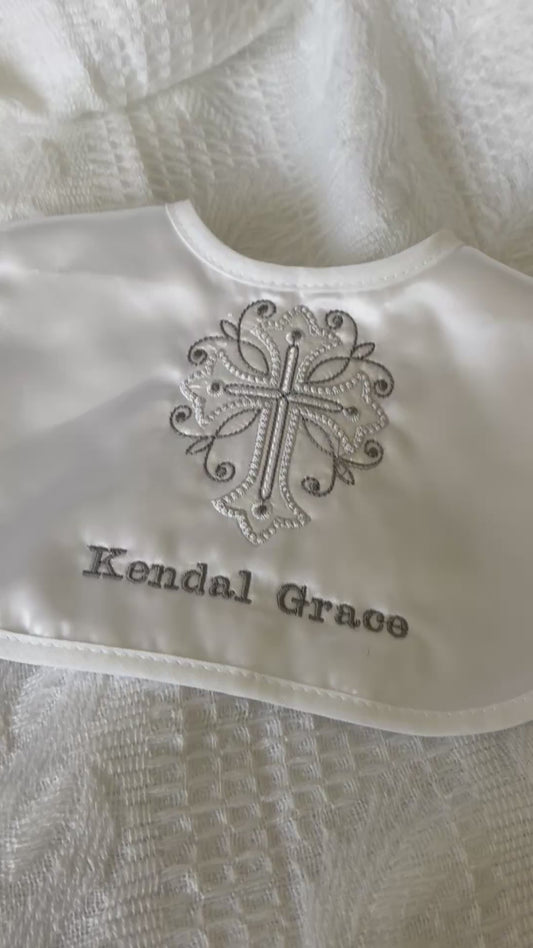 White Satin Christening with embroidered cross and name of your choice
